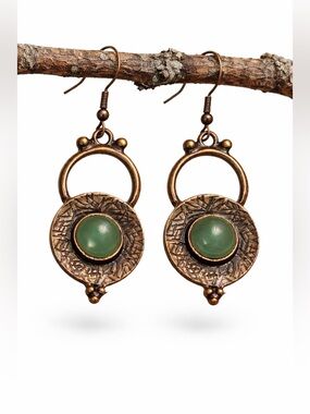 Copper Green Cabochon Earrings | Boho Statement Dangle | Textured Artisan